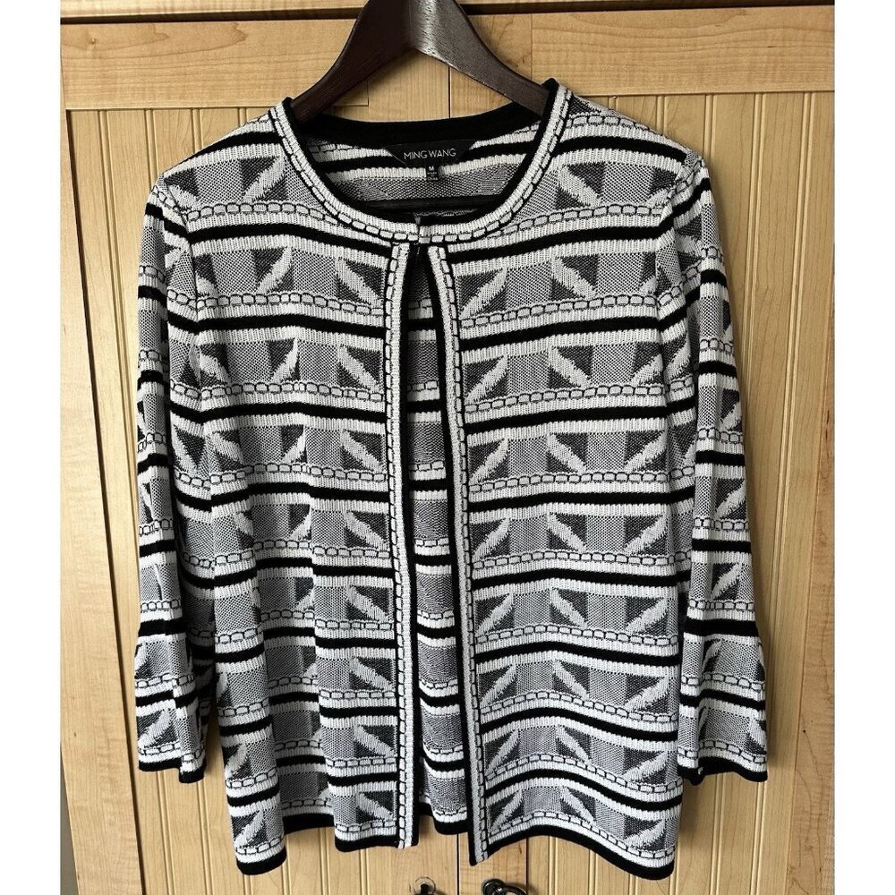 Ming Wang Black White Geometric Pattern Knit 3/4‎ Bell Sleeve Cardigan Size M